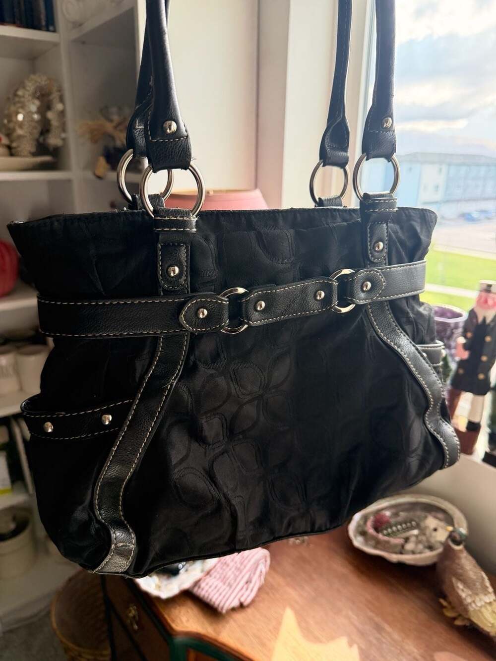Y2K Black Jacquard Shoulder Bag Faux Leather Trim Hobo Bag Streetwear Handbag
